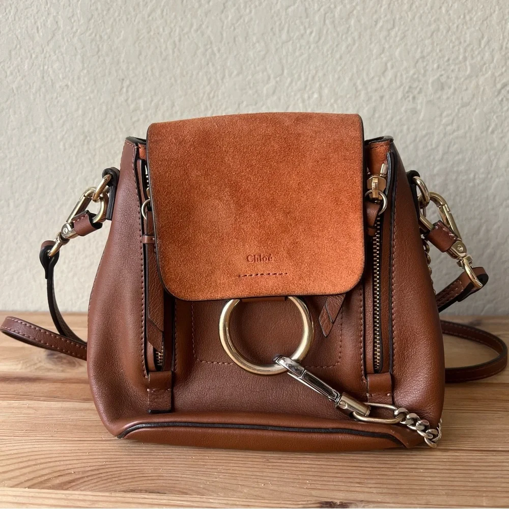 Chloe Faye Mini Backpack Tobacco Brown Suede Leather Gold Circle Hardware - Picture 4 of 15